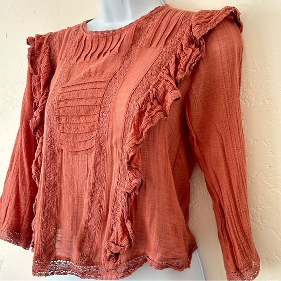 FREE PEOPLE Jasmine Victorian Ruffle Lace Trim Cropped Blouse Rose Size XS - Picture 3 of 13